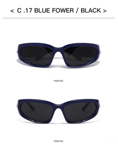 Front view of sport cycling sunglasses featuring deep blue frames and black lenses