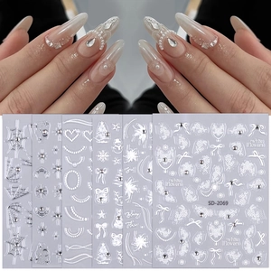 Autocollants Pour Ongles En Relief 5D Dentelle Blanche Fleur Strass Auto-Adhésif Décor De Manucure Pour Femmes