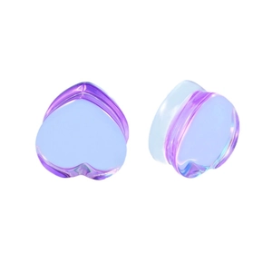 Iridescent purple heart glass ear plugs with saddle design and aurora finish