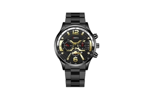 Gros plan d'une montre homme Geneva avec bracelet noir et cadrans dorés élégants