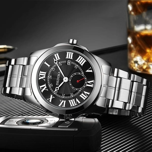 Elegant men's silver stainless steel wrist watch with black Roman numeral dial and date