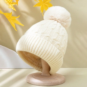 Winter Beanie Mütze Gestrickt Acryl Zopfmuster Großer Kunstpelz Bommel Dickes Fleece Futter Umschlag Outdoor Warm Unisex Casual