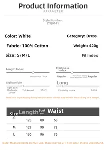 Size chart for white cotton maxi dress listing dimensions for S, M, and L sizes