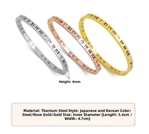 Three-color titanium steel bracelets with Roman numerals and zircon details