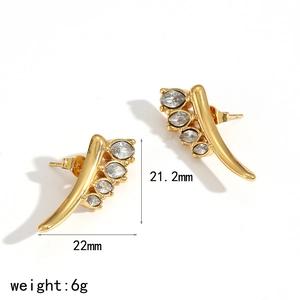 Minimalist gold stainless steel stud earrings with marquise rhinestones and arc design