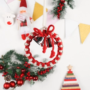 Nordic hand-woven Christmas wreath ornament with red-white ropes and silver bell