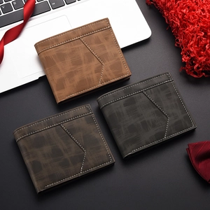 Men Bifold Wallet PU Leather Cross Pattern Business Short Card Holder With Zipper Coin Pocket Contrast Stitching
