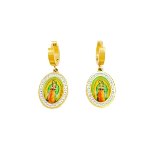 Golden oval Guadalupe portrait earrings with white zircon accents and lever back closure
