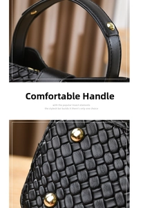 Detail of black woven leather bucket bag featuring elegant gold metallic rivets