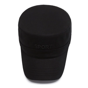 Men's black flat top cotton military cap with Sport embroidery and sun protection visor
