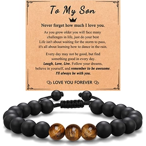 Men's matte black beads and tiger eye stone bracelet with inspirational message card