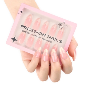 Short almond press-on nails set with nude French design and premium pink packaging