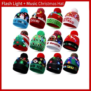 LED leuchtende Strickmütze für Kinder mit Musik und festlichen Rentier-Schneemann-Motiven