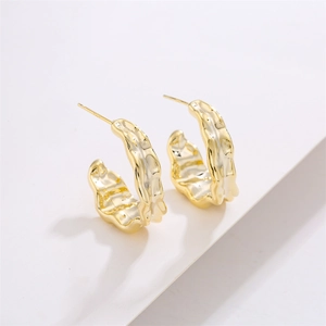 Irregular Wave Textured C Hoop Earrings With 925 Sterling Silver Earring Post Gold Plated Copper Geometric Jewelry For Women