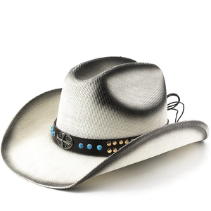 Chapeau De Cowboy Western Paille Large Bord Solaire Avec Bande Cuir Turquoise Rivets Et Badge Croix Rétro Extérieur