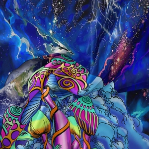 Close-up of psychedelic mushroom tapestry with galaxy prints and soft fabric texture