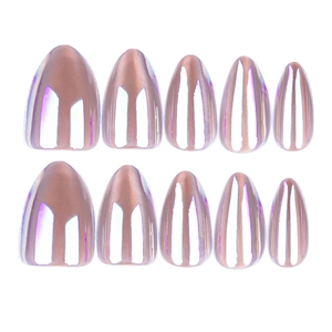 Short almond press-on nails with purple aurora cat eye finish and metallic chrome luster