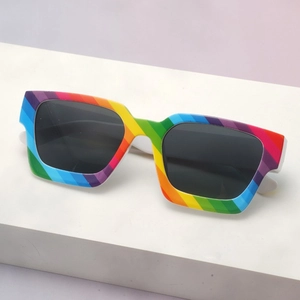Modern thick square frame sunglasses featuring vibrant rainbow stripes and dark lenses