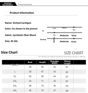Size chart for V-neck knitted cardigan showing measurements in CM for sizes M to 4XL