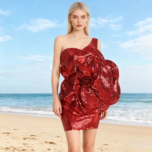 Robe Courte À Paillettes Épaule Unique Décoration Grande Rose Sexy Moulante Tenue De Soirée Pour Femmes