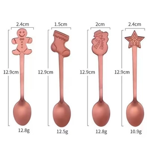 Rose gold stainless steel Christmas spoons set with size and weight details shown