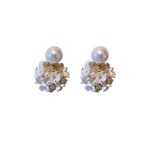 Elegant floral pearl drop earrings with cubic zirconia and silver needle posts