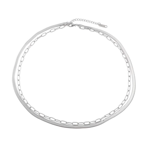Close-up of double layered silver snake and paperclip chain with K18 engraved clasp