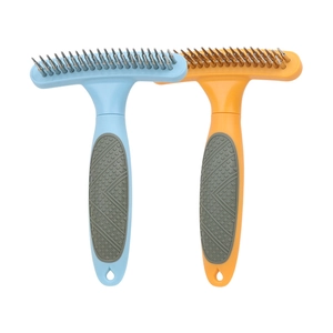 Dual-row stainless steel pet grooming rake brush with ergonomic handle in blue and orange