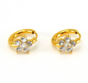 Detail of gold flower hoop earrings with white zircon stones and snap-on closure