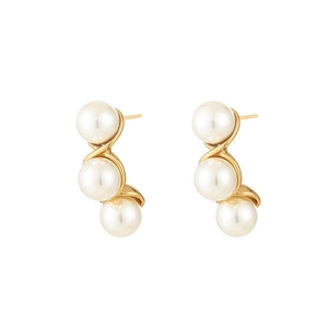 Elegant gold wave S-shape pearl earrings with three white pearls for women