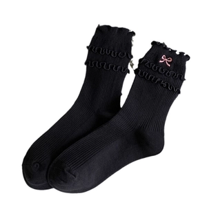 Ballet style black mid-tube socks with triple ruffled edges and pink bow embroidery decoration