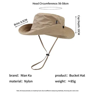 Khaki nylon sun hat with 8.5cm wide brim and adjustable windproof rope for hiking