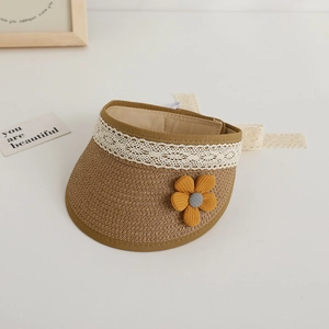 Detail of children's straw sun visor featuring delicate white lace trim and yellow flower