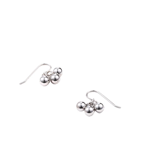 Minimalist silver steel triple sphere drop earrings with a polished mirror finish on white background