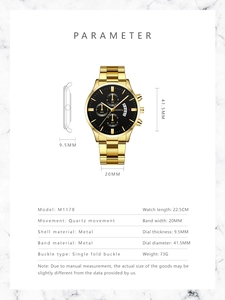 Detailed specification chart showing measurements and parameters for Geneva quartz watch