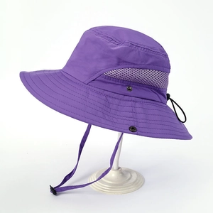 Detail of purple waterproof sun hat featuring breathable side mesh and adjustable wind cord
