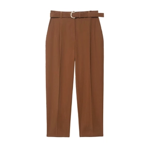 Pantalon Taille Haute Femme Avec Ceinture Plissé Polyester Bureau Décontracté Caramel Élégant