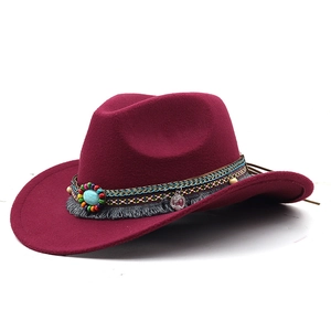 Burgundy wool felt fedora hat featuring bohemian beaded band and turquoise stone detail