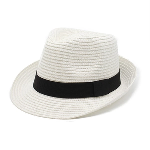 Classic white Panama straw hat with black ribbon, elegant sun protection beach fedora hat