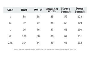 Detailed size chart for V-neck ethnic long-sleeve maxi dress from S to 2XL sizes