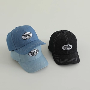 Three denim baseball caps with Bestboy embroidery in dark blue, light blue, and black colors