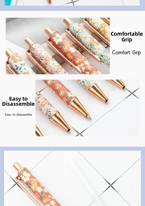Detail showing the floral pattern on the metal ballpoint pen with rose gold metal accents