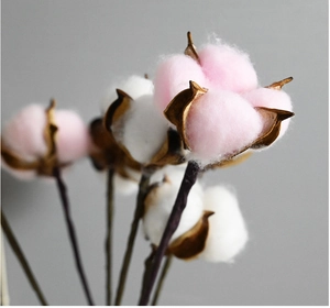 Detailed close-up of pink and white artificial cotton flower buds for home decoration