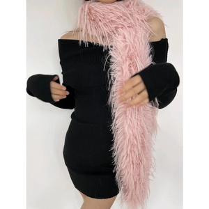 Long pink faux fur scarf for women, soft plush warm winter neck wrap on black dress