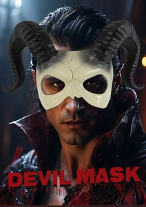 Detail view of white devil horn mask with black horns for Halloween cosplay costume