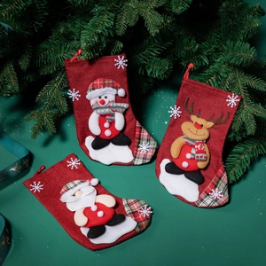 Chaussettes De Noël 3D Père Noël Bonhomme De Neige Renne Toile De Jute Tissu Écossais Flocon De Neige Déco De Fête
