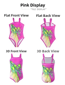 Close-up of pink girls' swimsuit featuring tropical yellow fruit print and dual straps