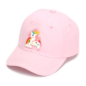 Detailed view of pink girls baseball cap featuring a cute 3D unicorn and rainbow patch