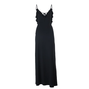 Detailed view of black off-shoulder dress with sparkling fabric and ruffle bow accents
