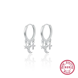 S925 sterling silver hoop earrings with star moon and cross charms and clear stones